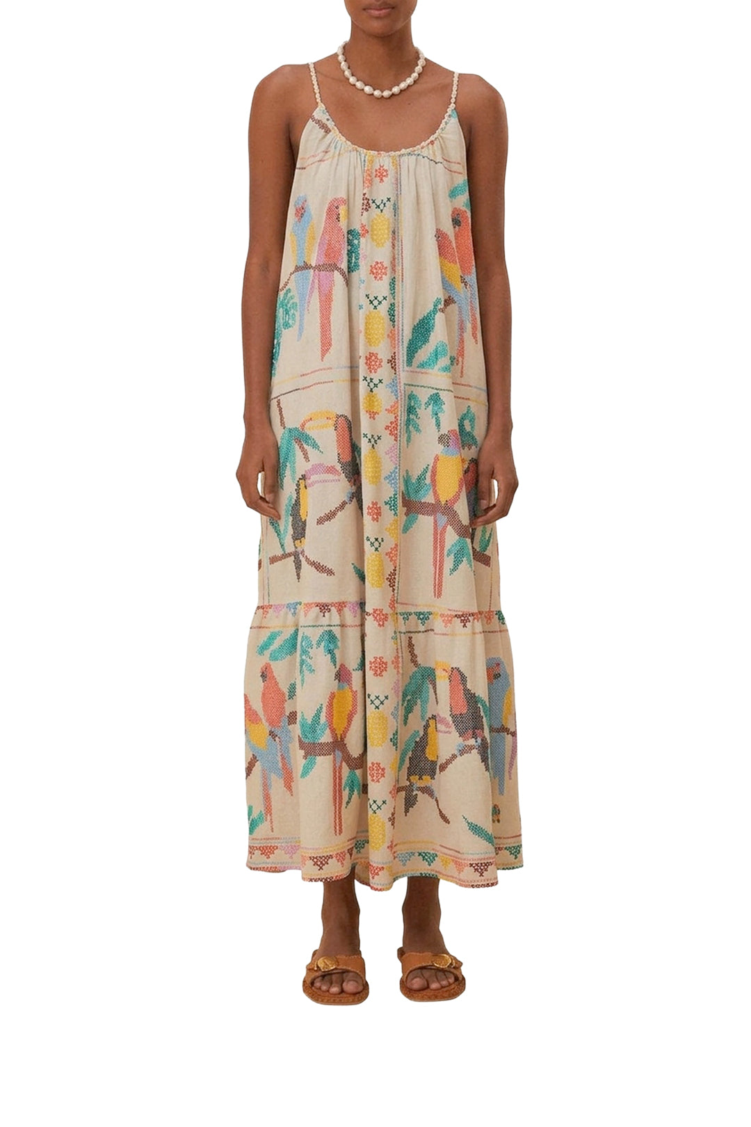 Robe longue Stitched Birds en lin - Blanc