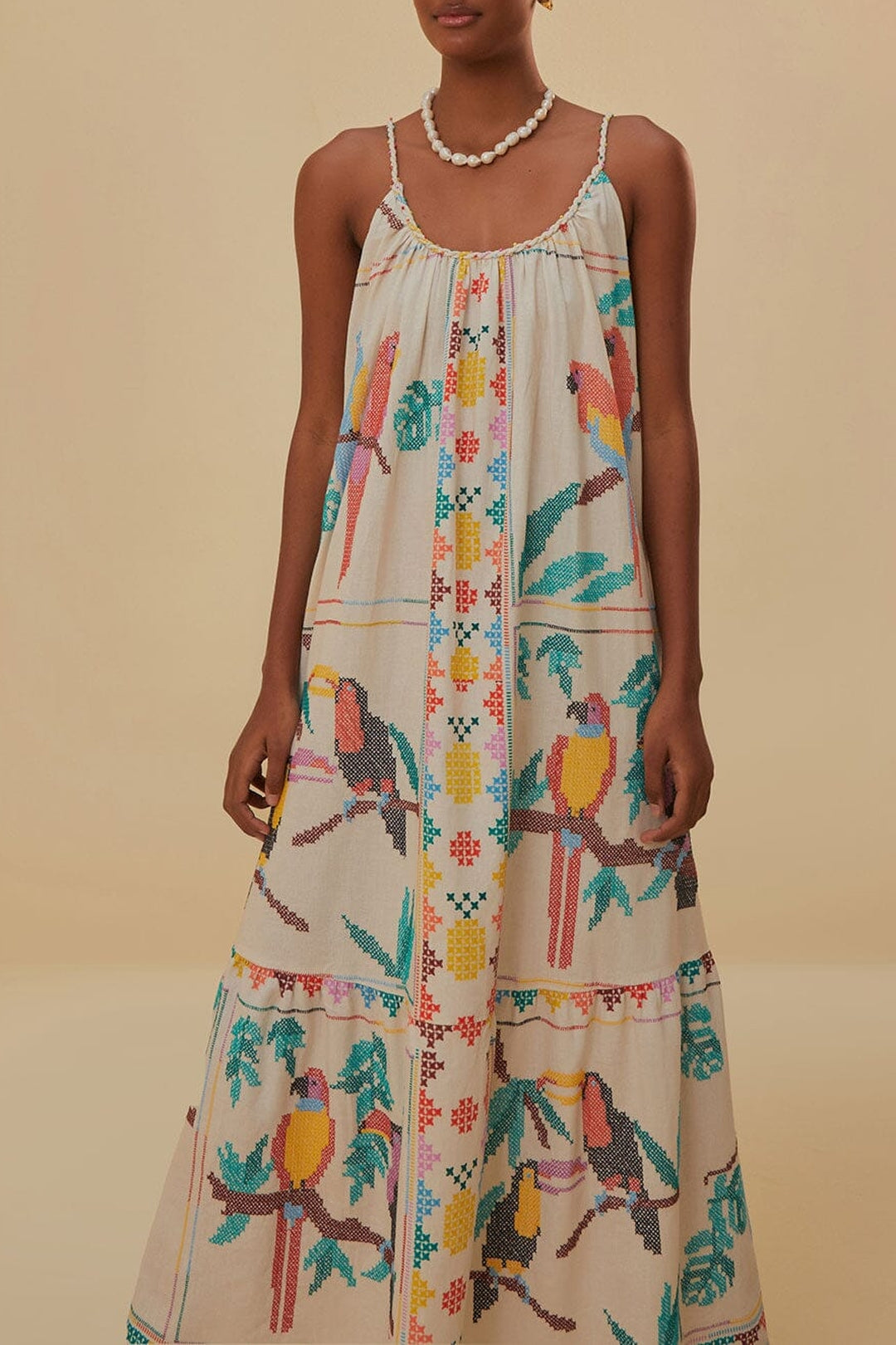 Robe longue Stitched Birds en lin - Blanc