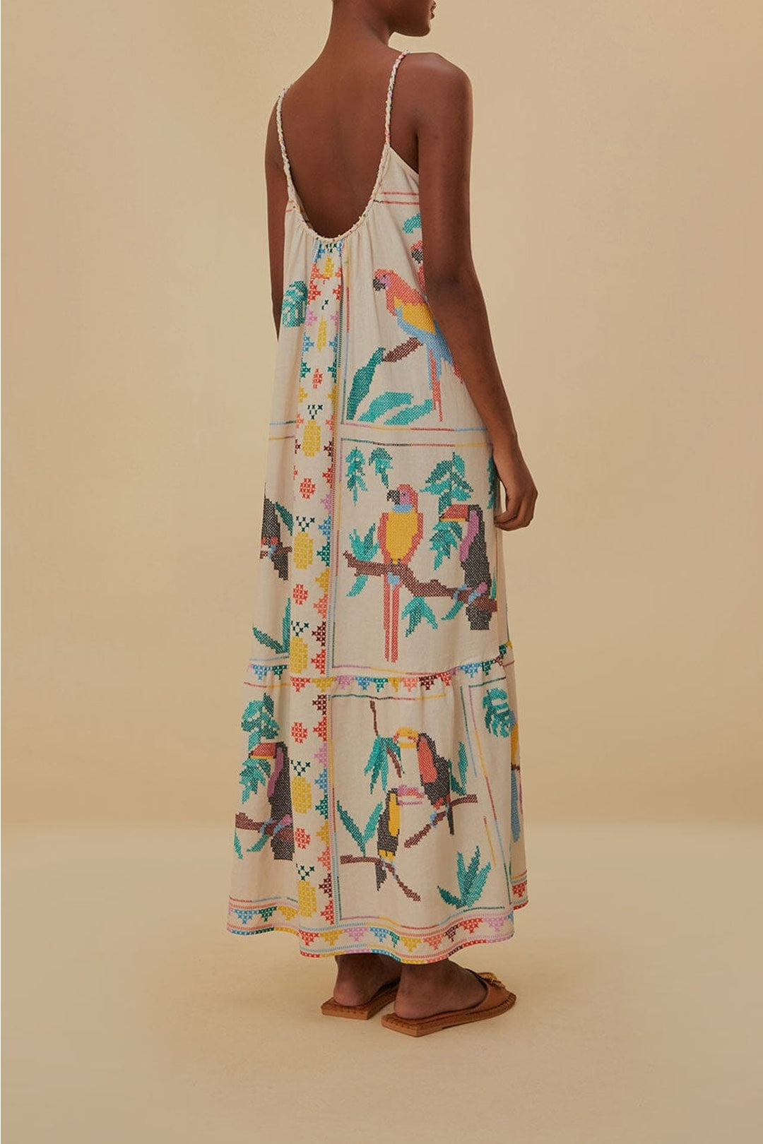 Robe longue Stitched Birds en lin - Blanc