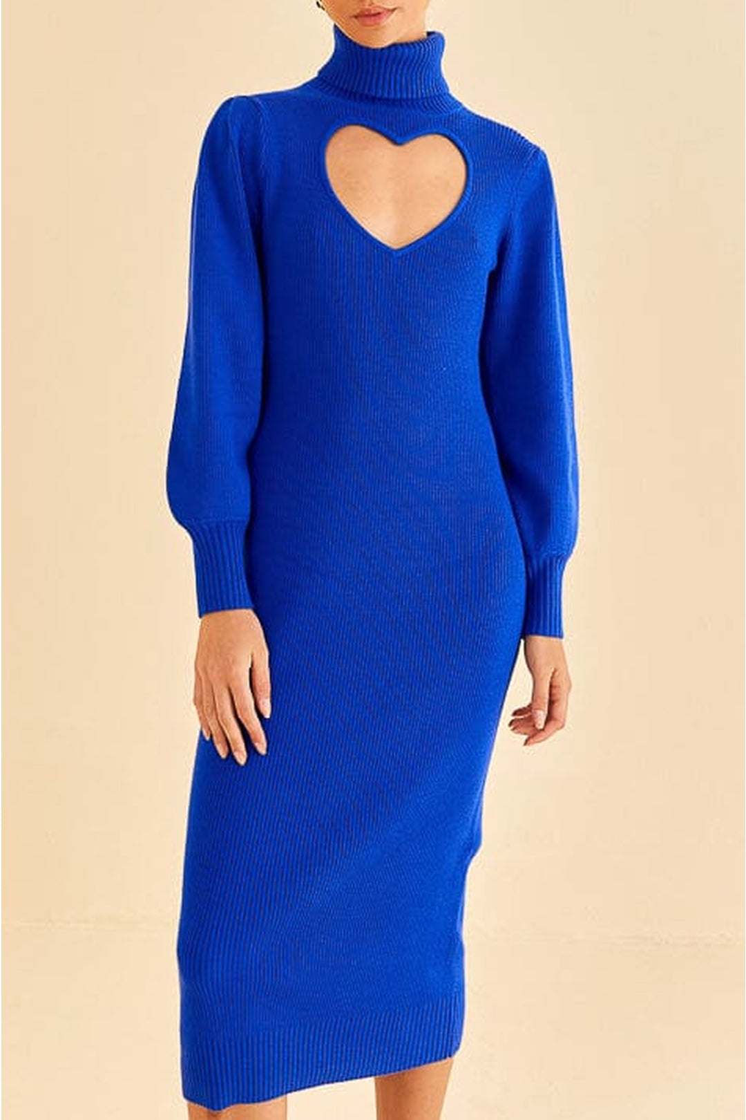 Robe midi à encolure cœur en maille - Bleu