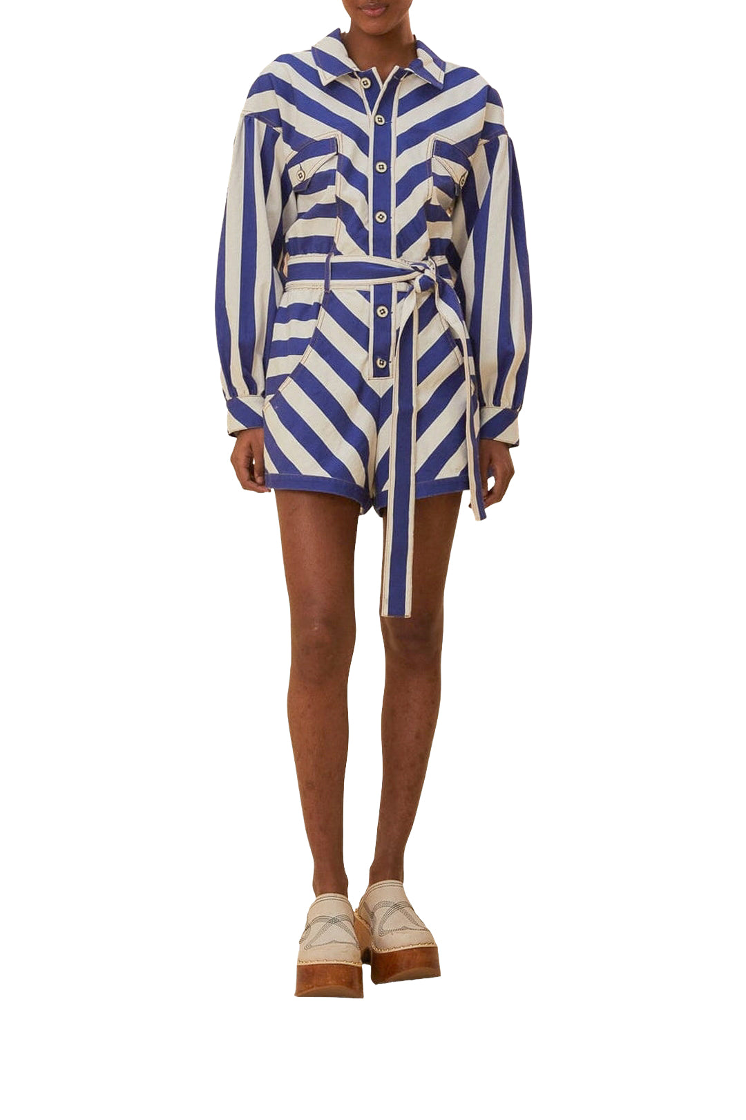 Combi-short à rayures en coton - Bleu