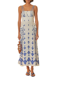 Graphic Fishes long dress in linen - White