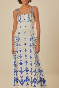 Graphic Fishes long dress in linen - White