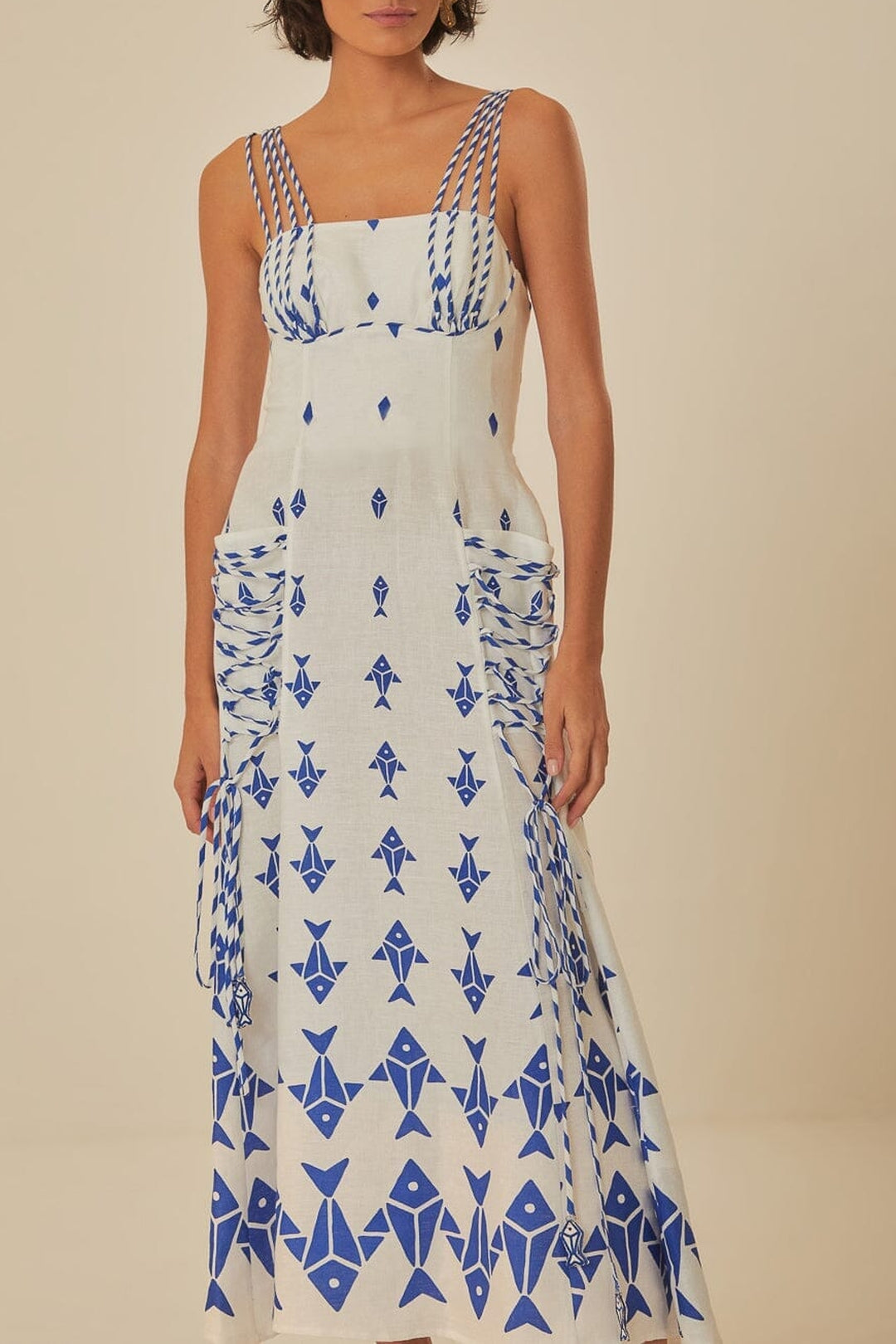 Graphic Fishes long dress in linen - White