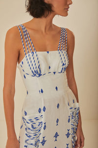 Graphic Fishes long dress in linen - White