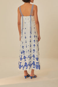 Graphic Fishes long dress in linen - White