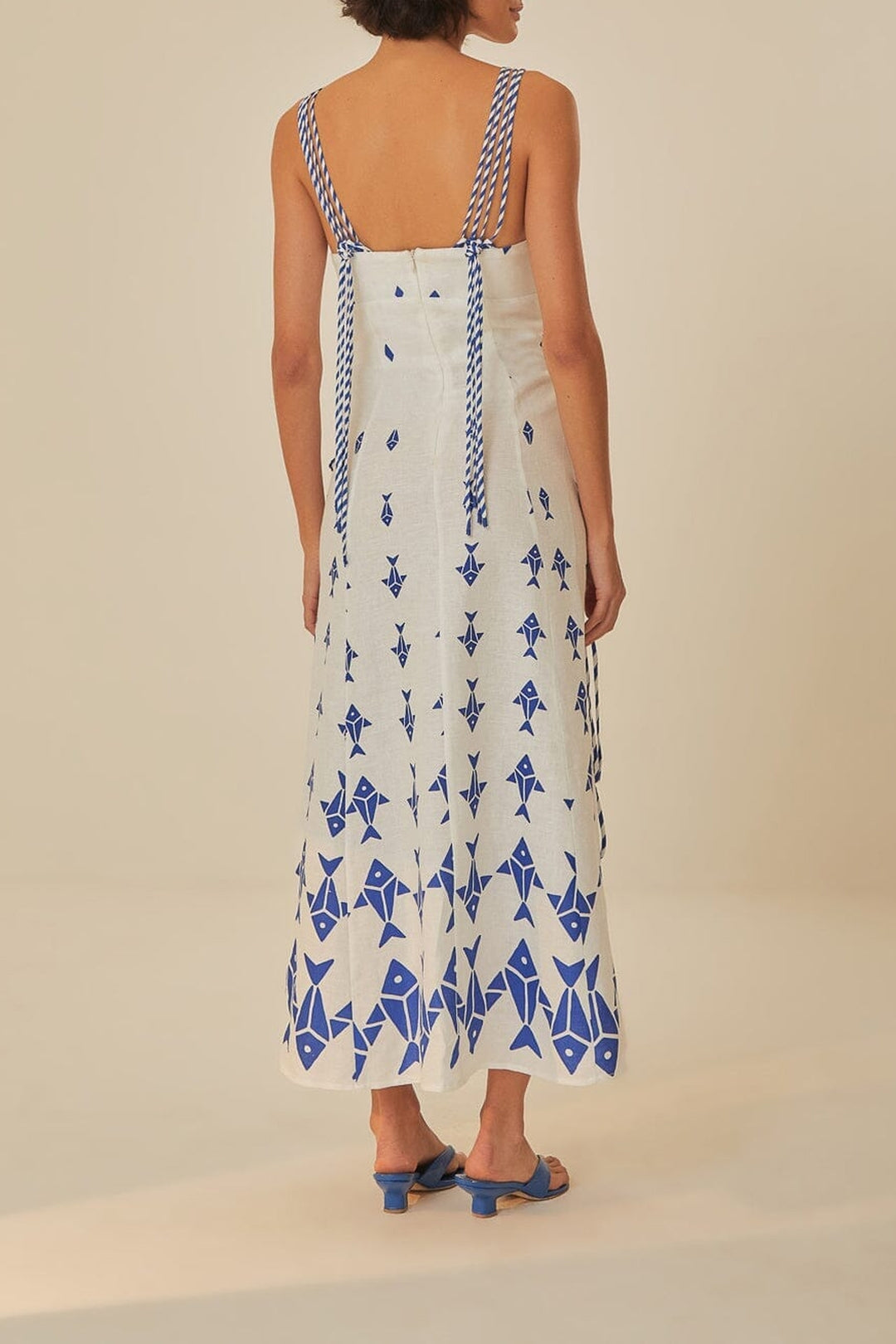 Graphic Fishes long dress in linen - White