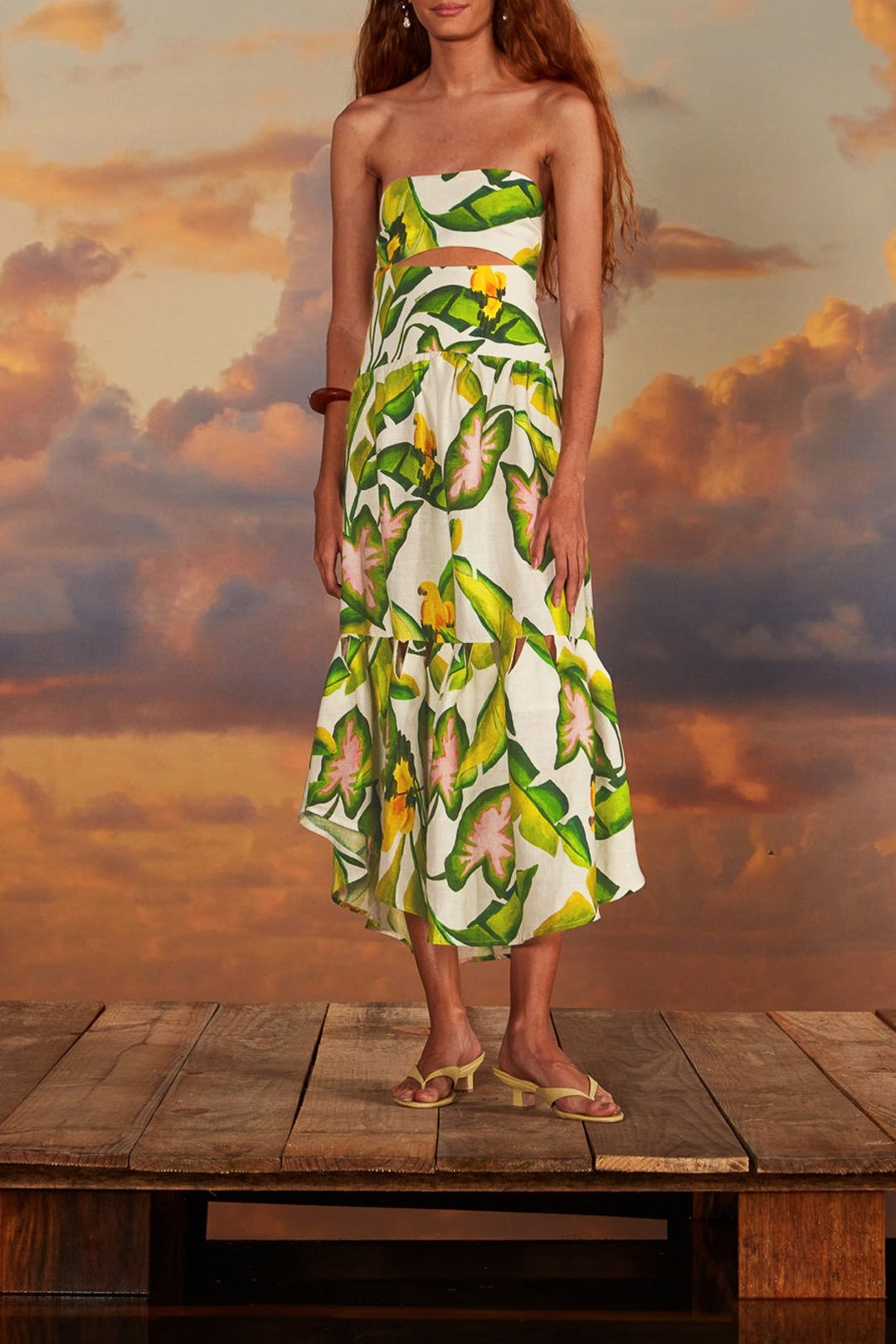 Robe midi sans bretelles à motifs en lin - Vert