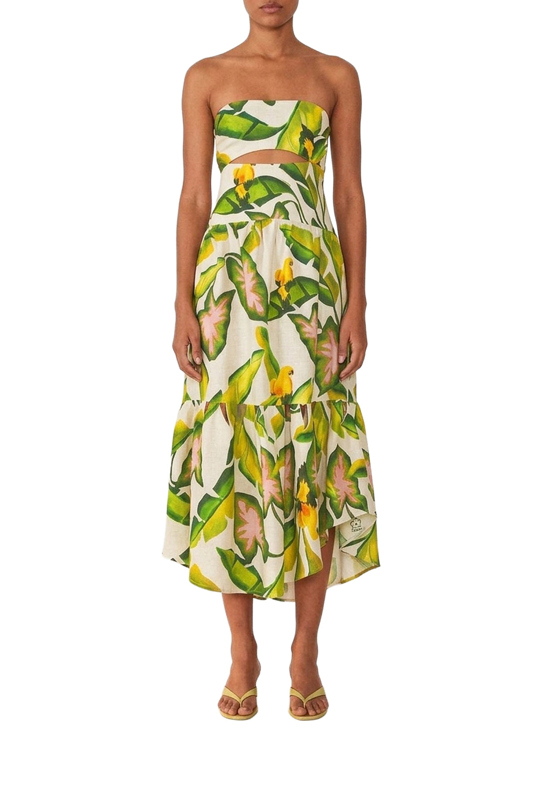 Robe midi sans bretelles à motifs en lin - Vert