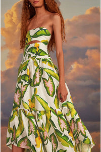 Robe midi sans bretelles à motifs en lin - Vert