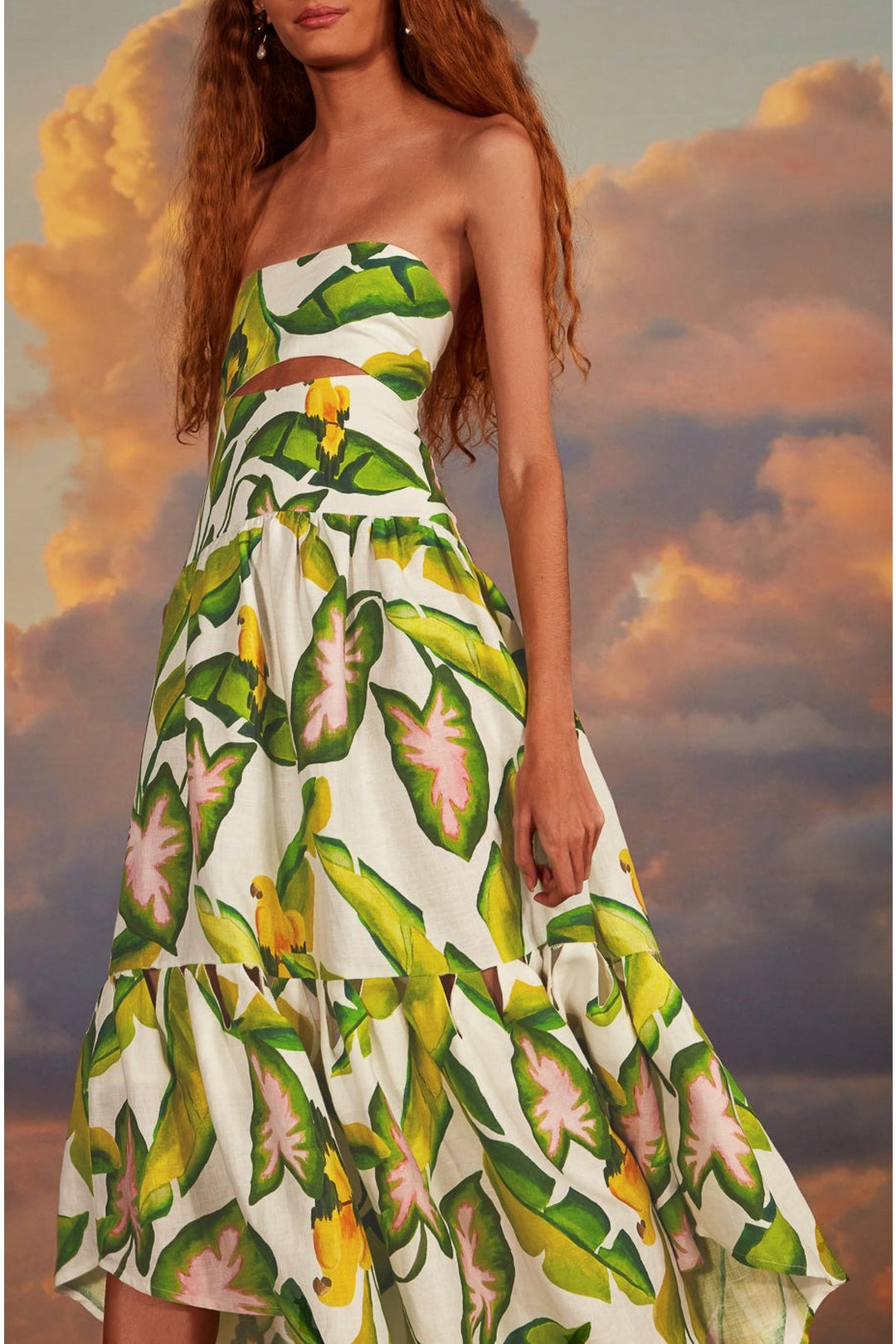 Robe midi sans bretelles à motifs en lin - Vert