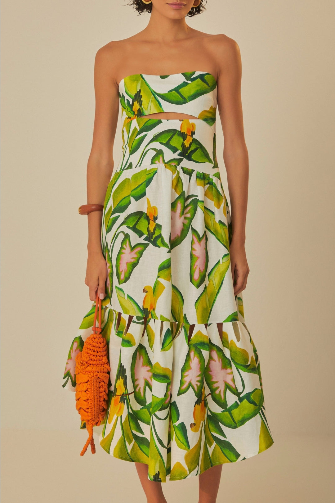 Robe midi sans bretelles à motifs en lin - Vert