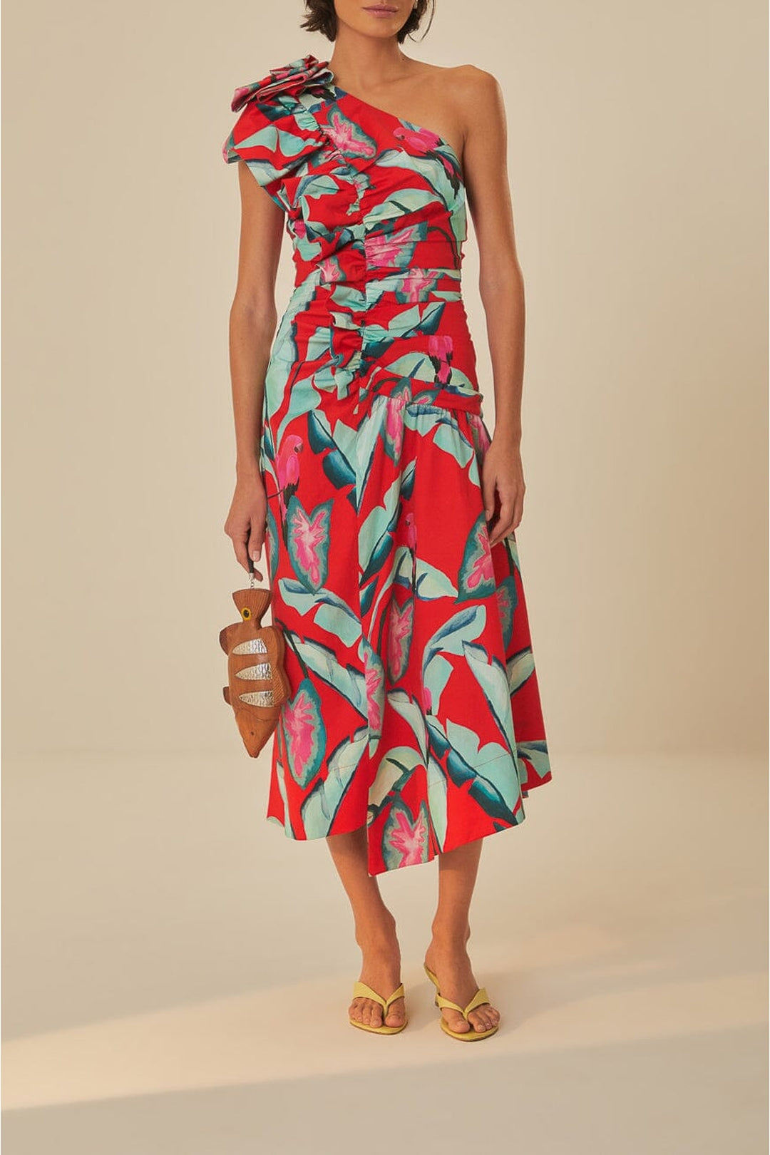 Robe midi à motif feuillage d'été en coton - Rouge