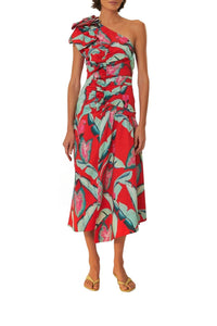 Robe midi à motif feuillage d'été en coton - Rouge