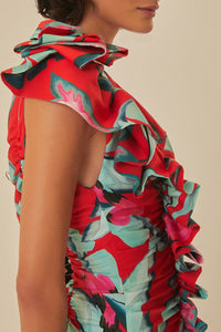 Robe midi à motif feuillage d'été en coton - Rouge