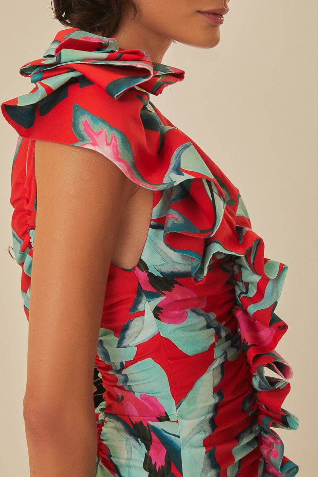 Robe midi à motif feuillage d'été en coton - Rouge