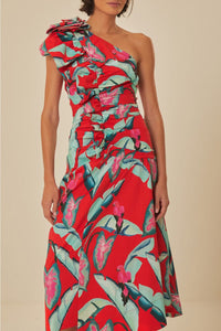 Robe midi à motif feuillage d'été en coton - Rouge