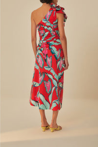 Robe midi à motif feuillage d'été en coton - Rouge