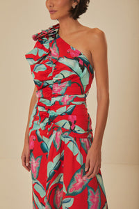 Robe midi à motif feuillage d'été en coton - Rouge