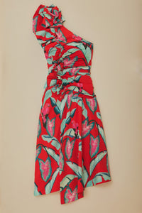 Robe midi à motif feuillage d'été en coton - Rouge