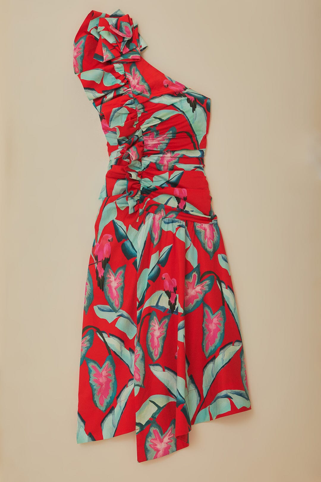Robe midi à motif feuillage d'été en coton - Rouge