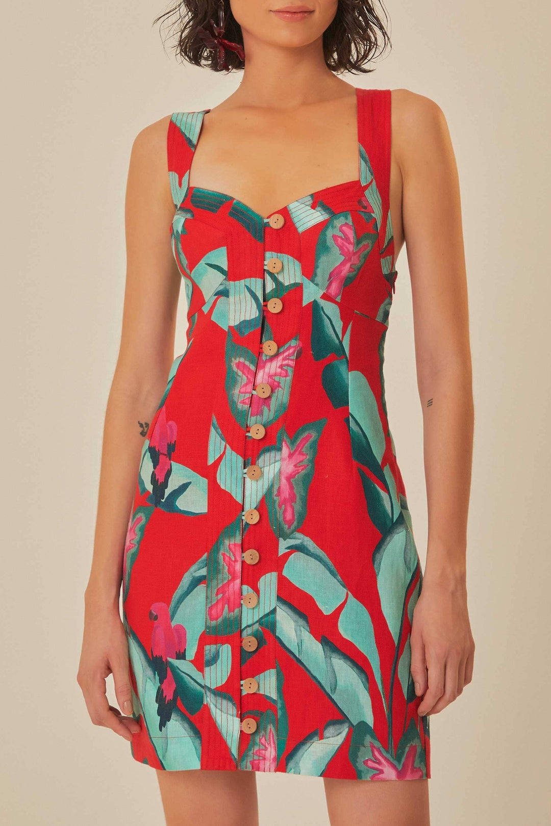 Robe courte Feuillage d'été en lin - Rouge