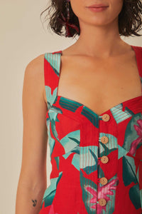 Robe courte Feuillage d'été en lin - Rouge