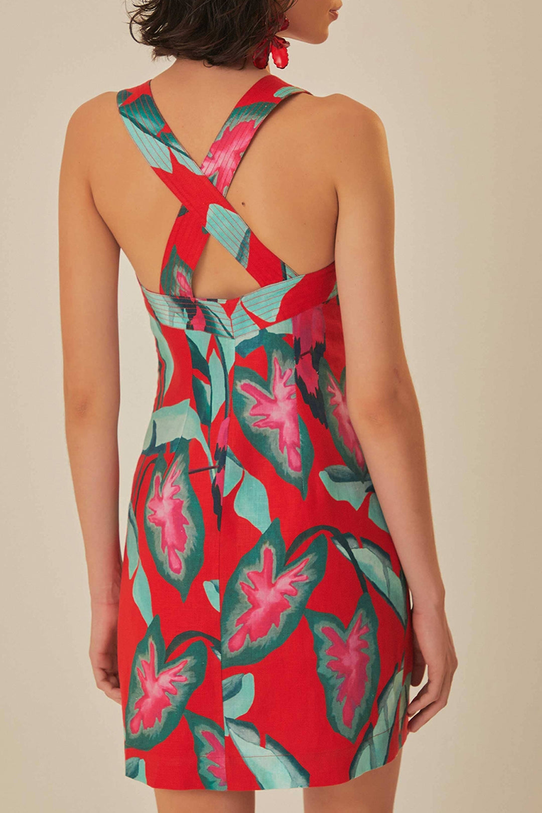 Robe courte Feuillage d'été en lin - Rouge