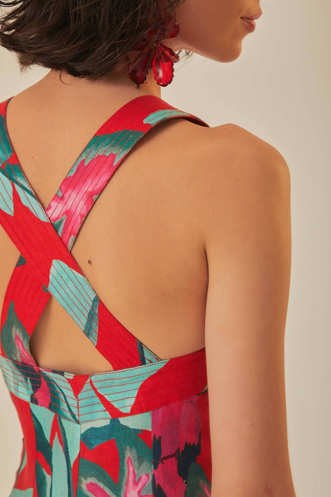 Robe courte Feuillage d'été en lin - Rouge