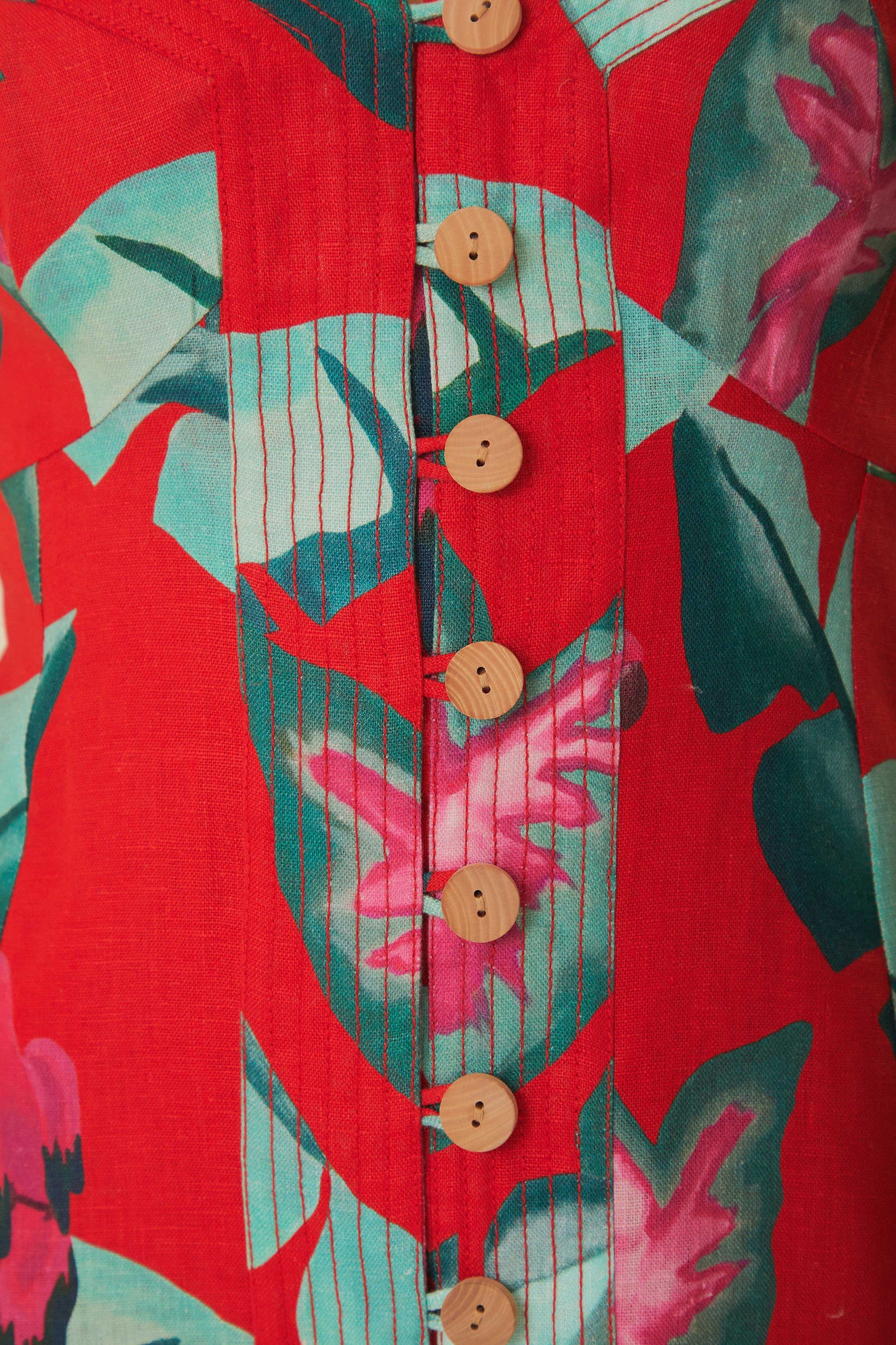 Robe courte Feuillage d'été en lin - Rouge