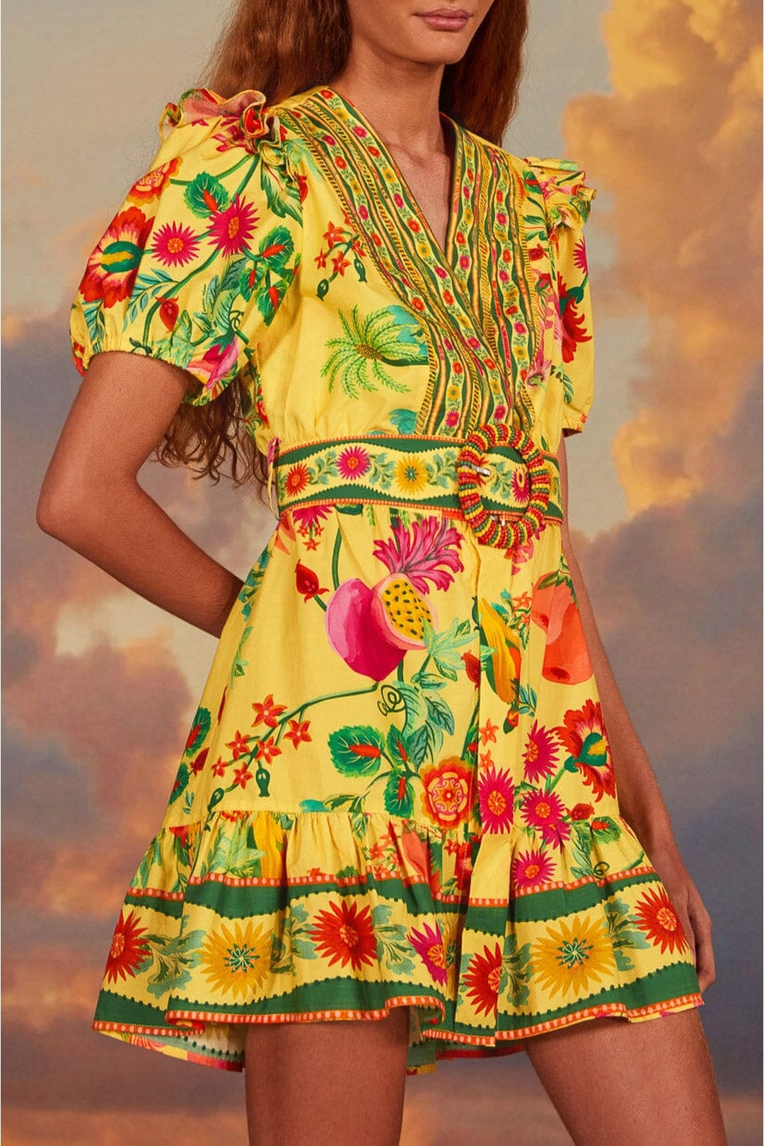 Robe courte Jardin de fruits délicats en coton - Jaune