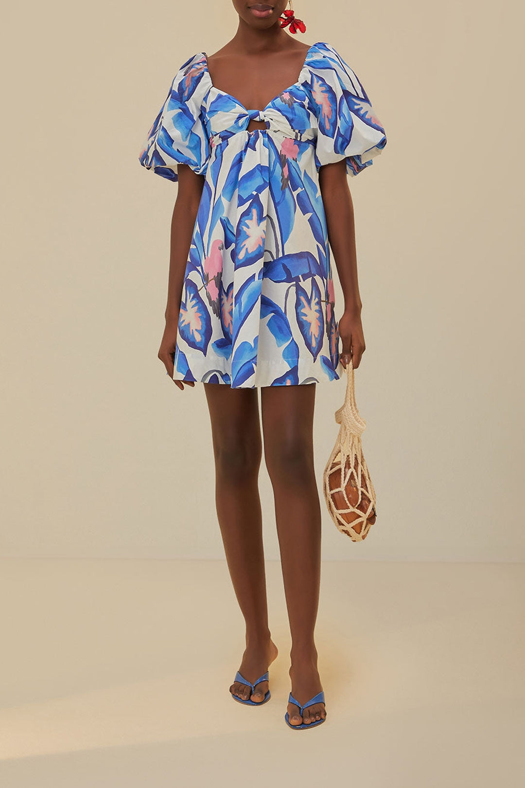 Robe courte Feuillage d'été en coton - Bleu