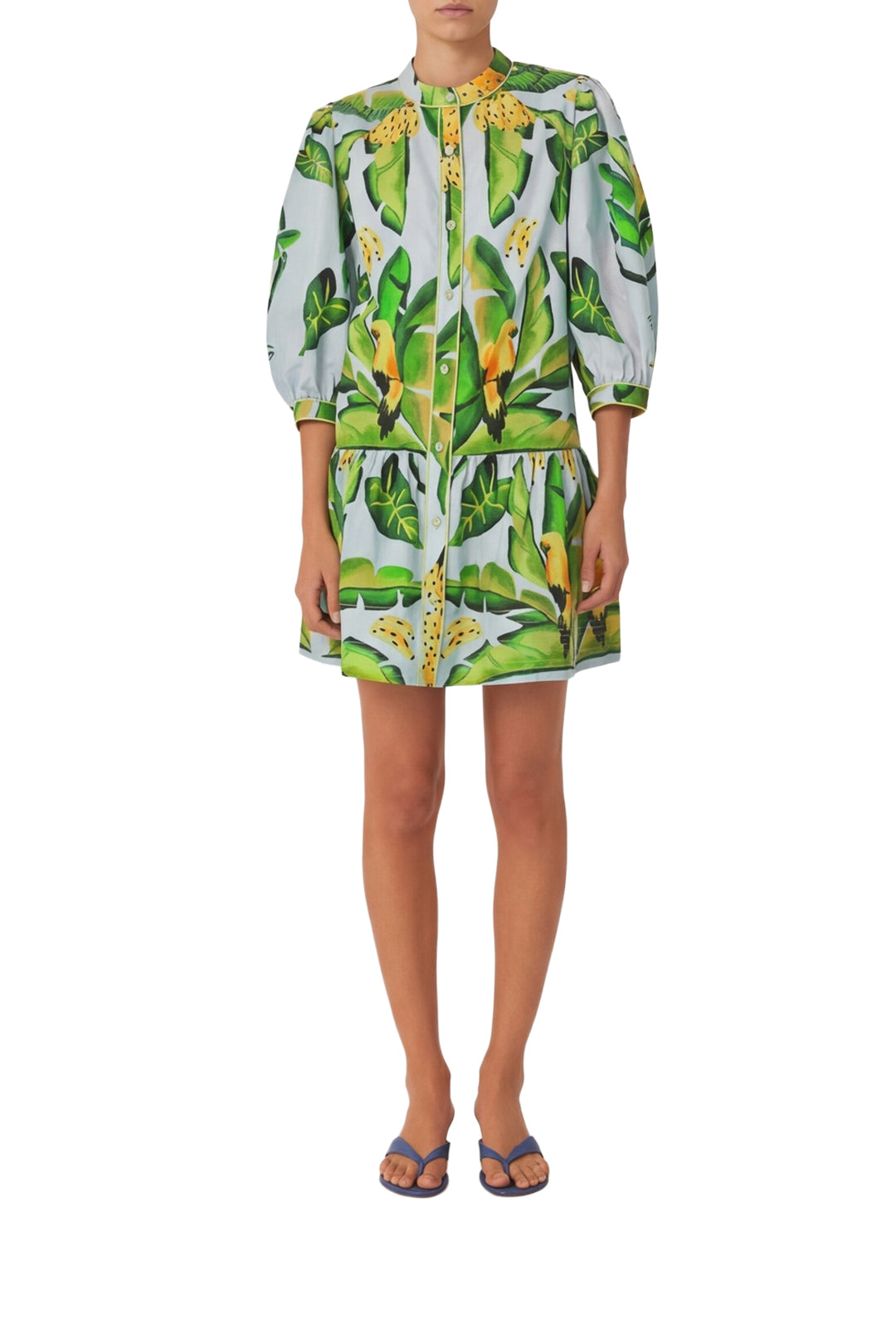 Robe courte Feuillage d'été en coton - Bleu