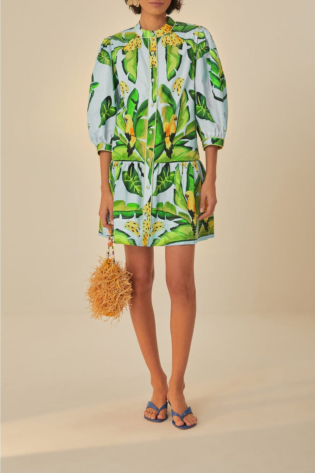 Robe courte Feuillage d'été en coton - Bleu