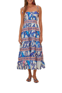 Robe longue Feuillage d'été en coton - Bleu