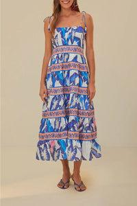 Robe longue Feuillage d'été en coton - Bleu