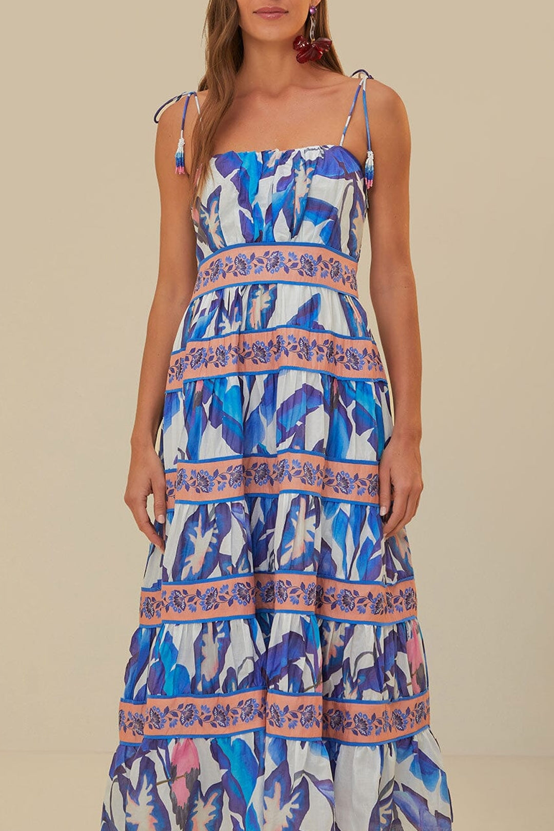 Robe longue Feuillage d'été en coton - Bleu