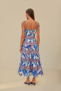 Robe longue Feuillage d'été en coton - Bleu