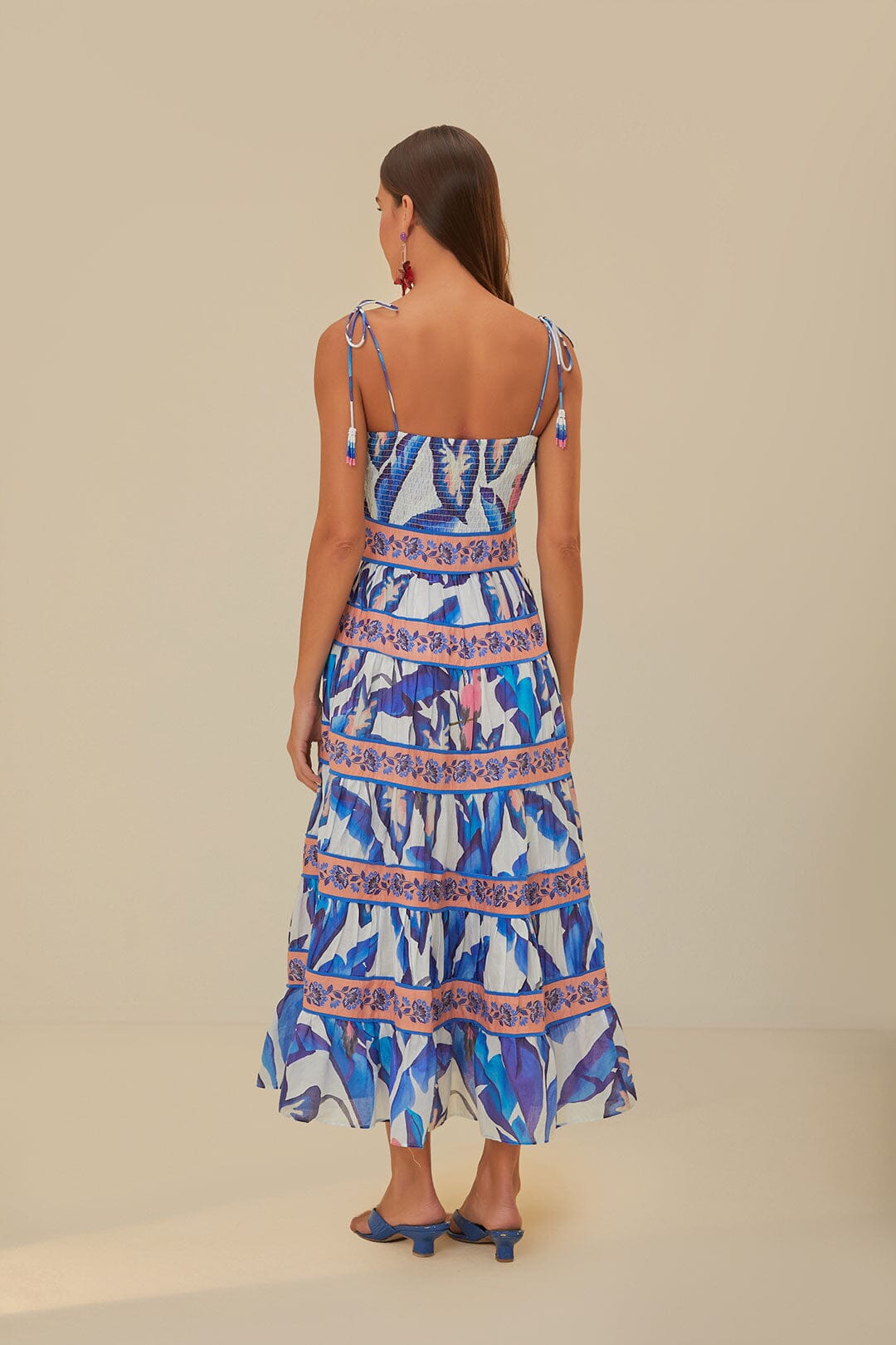 Robe longue Feuillage d'été en coton - Bleu