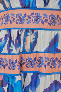 Robe longue Feuillage d'été en coton - Bleu