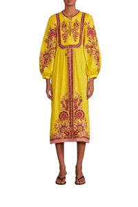 Embroidered linen midi dress - Yellow
