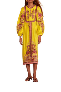 Robe midi brodée en lin - Jaune