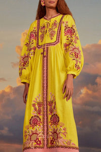 Robe midi brodée en lin - Jaune