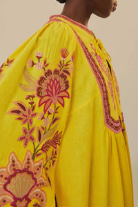 Robe midi brodée en lin - Jaune