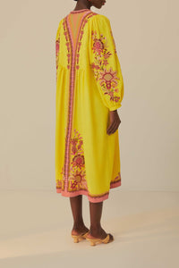 Robe midi brodée en lin - Jaune