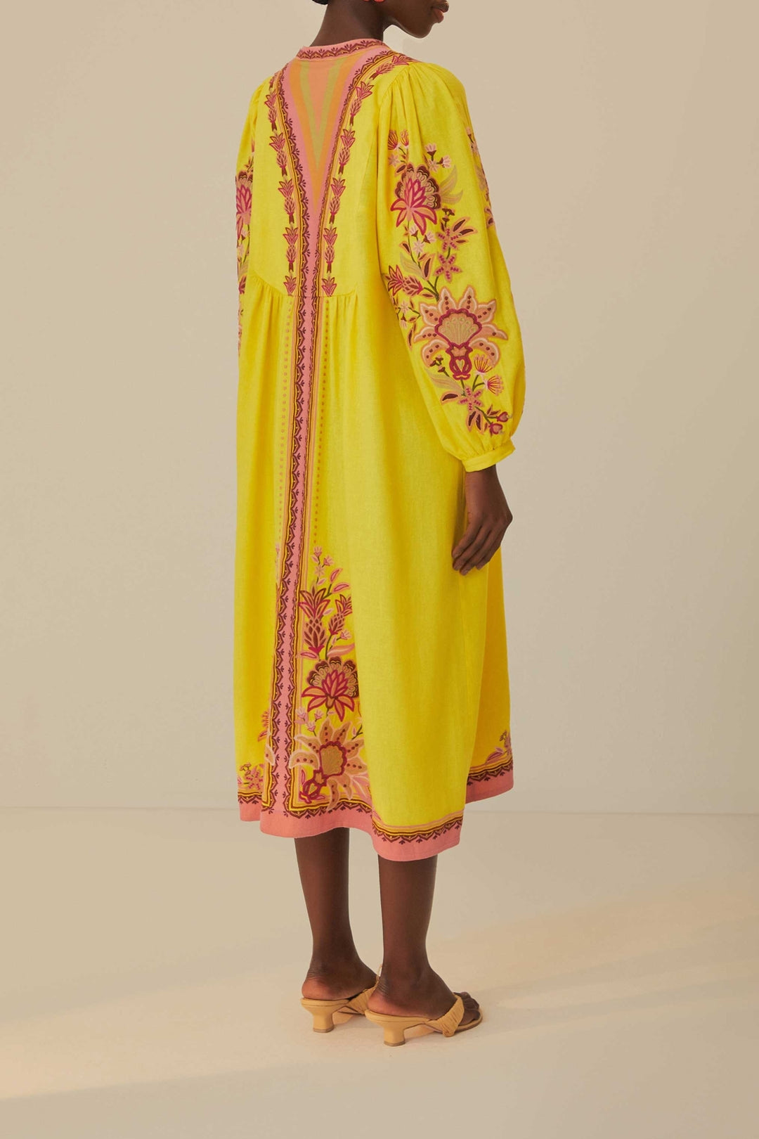 Robe midi brodée en lin - Jaune