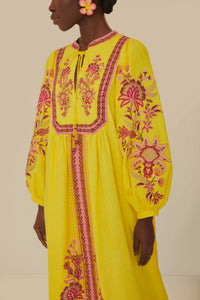 Robe midi brodée en lin - Jaune