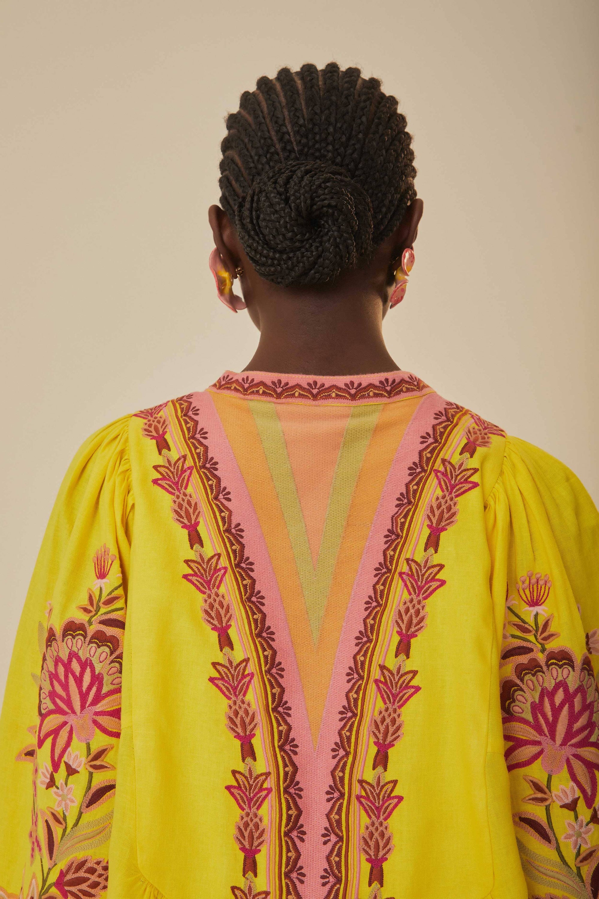 Robe midi brodée en lin - Jaune