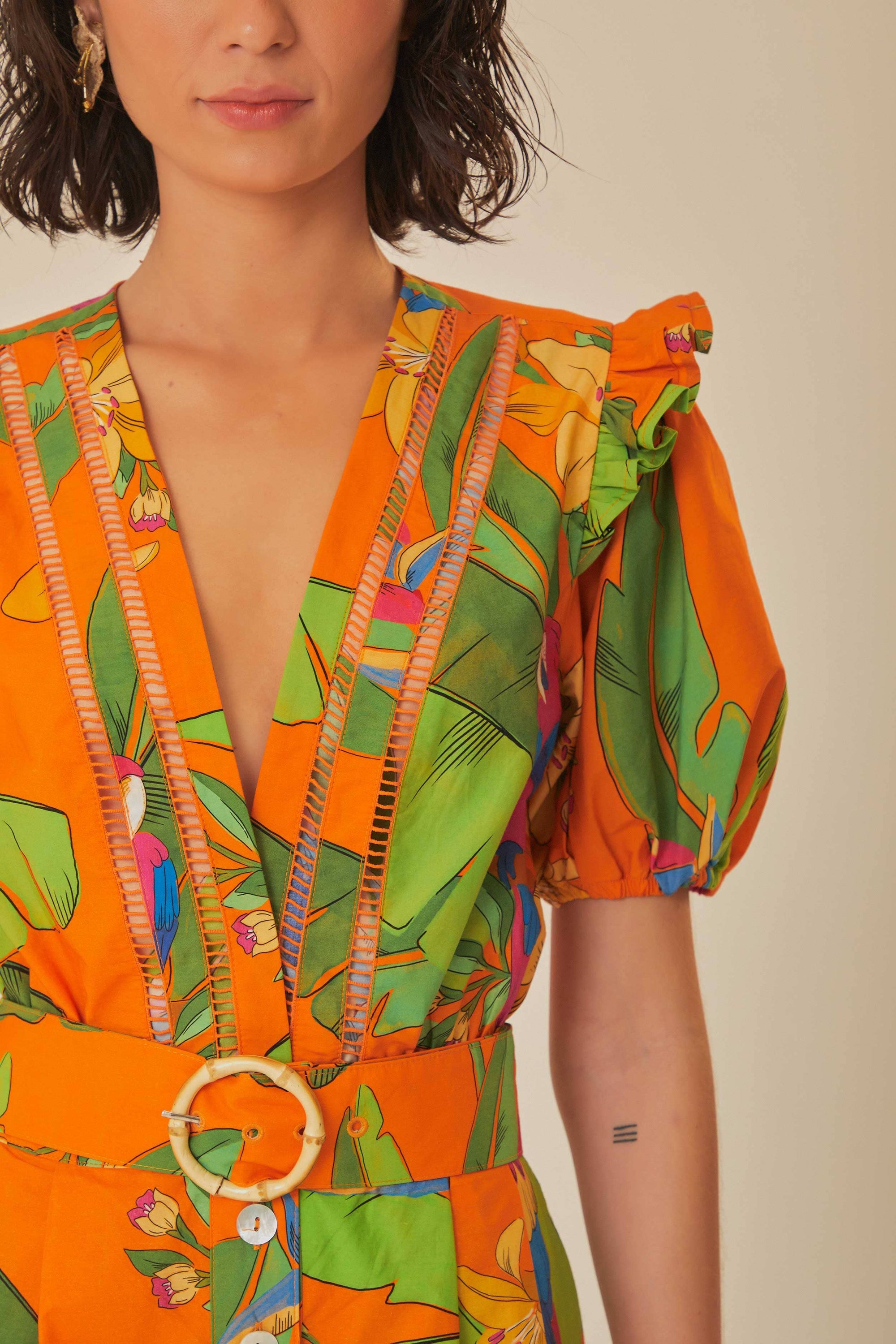 Fresh Macaws cotton short dress - Orange