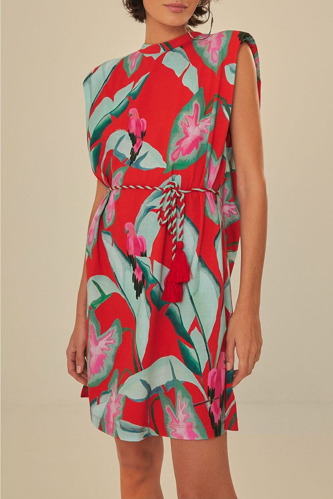 Robe courte Feuillage d'été en coton - Rouge